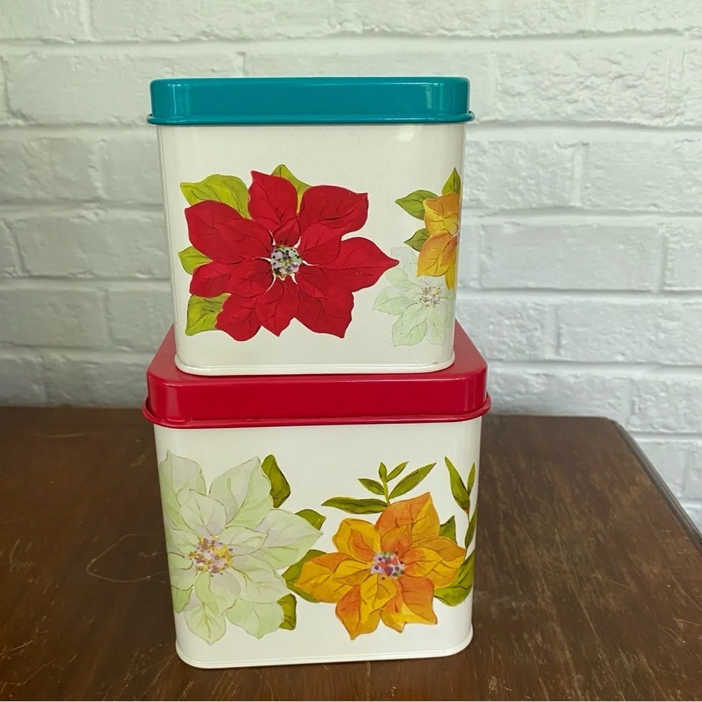 PIONEER WOMAN Poinsettia Cookie Tins Set of 2 New